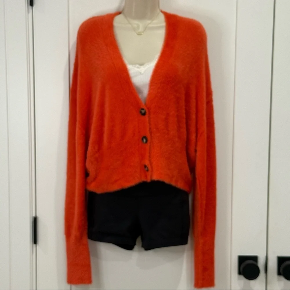 Free People Orange Cardigan Sweater Oversized Small Comfy Fall Chic Cozy Fuzzy